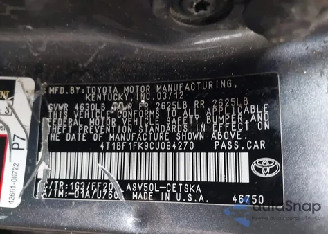 2012 Toyota Camry Se z USA, uszkodzony, nr VIN 4T1BF1FK9CU084270